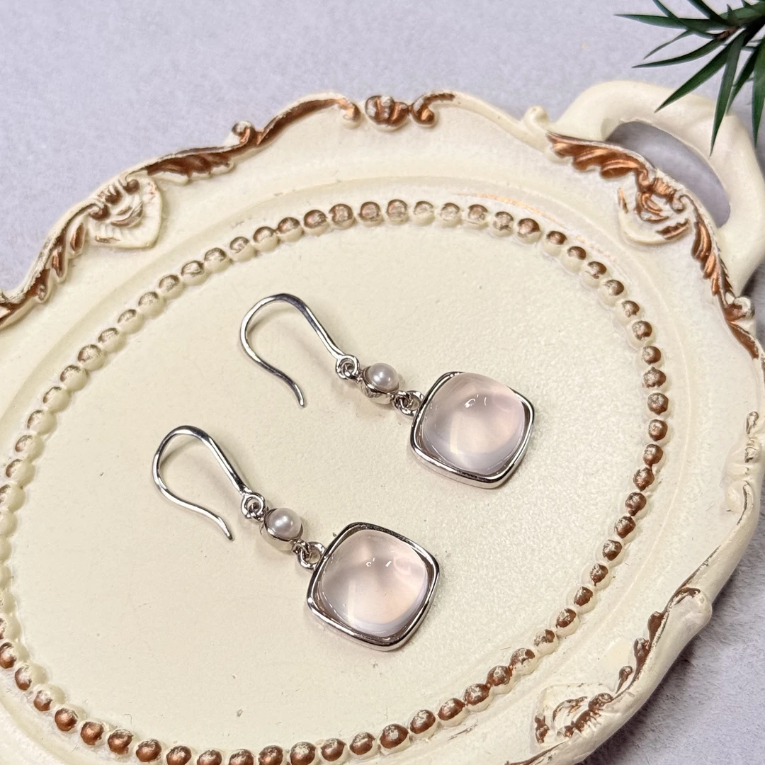 【六六中古】孤品百搭简约粉水晶s925耳环te8095