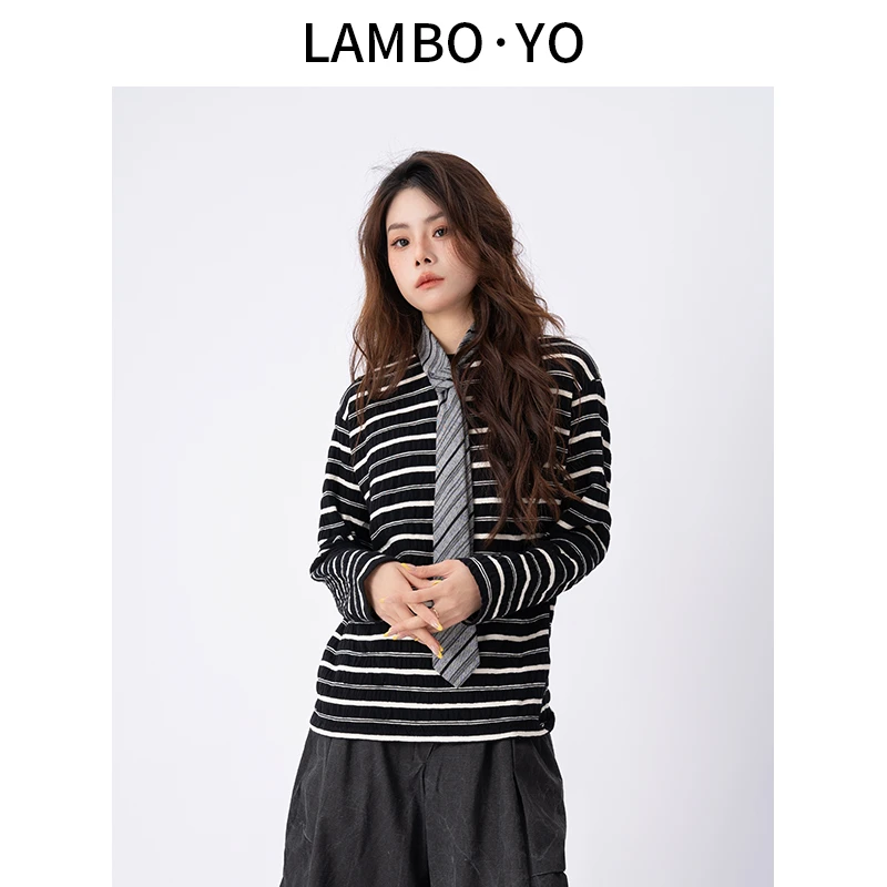 LAMBOYO2025年春季新款经典复古条纹长袖T恤慵懒廓形圆领针织衫