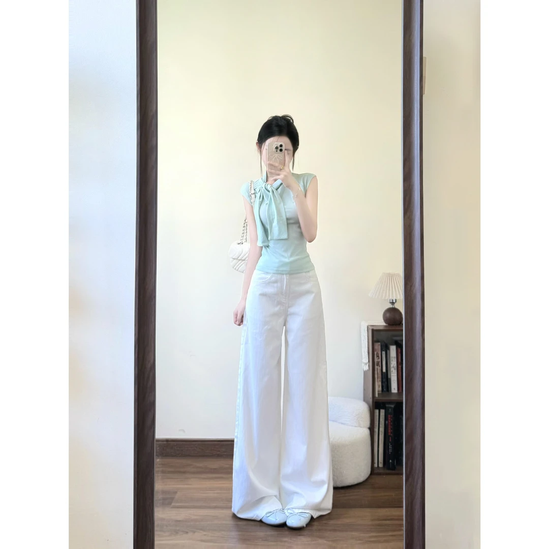 韩系欧若风薄荷绿蝴蝶结系带小飞袖修身显瘦上衣简约休闲长裤套装