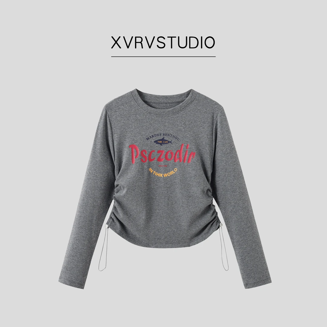 XVRV【秋上新】2025运动长袖时尚百搭抽绳长袖印花正肩t恤女上衣