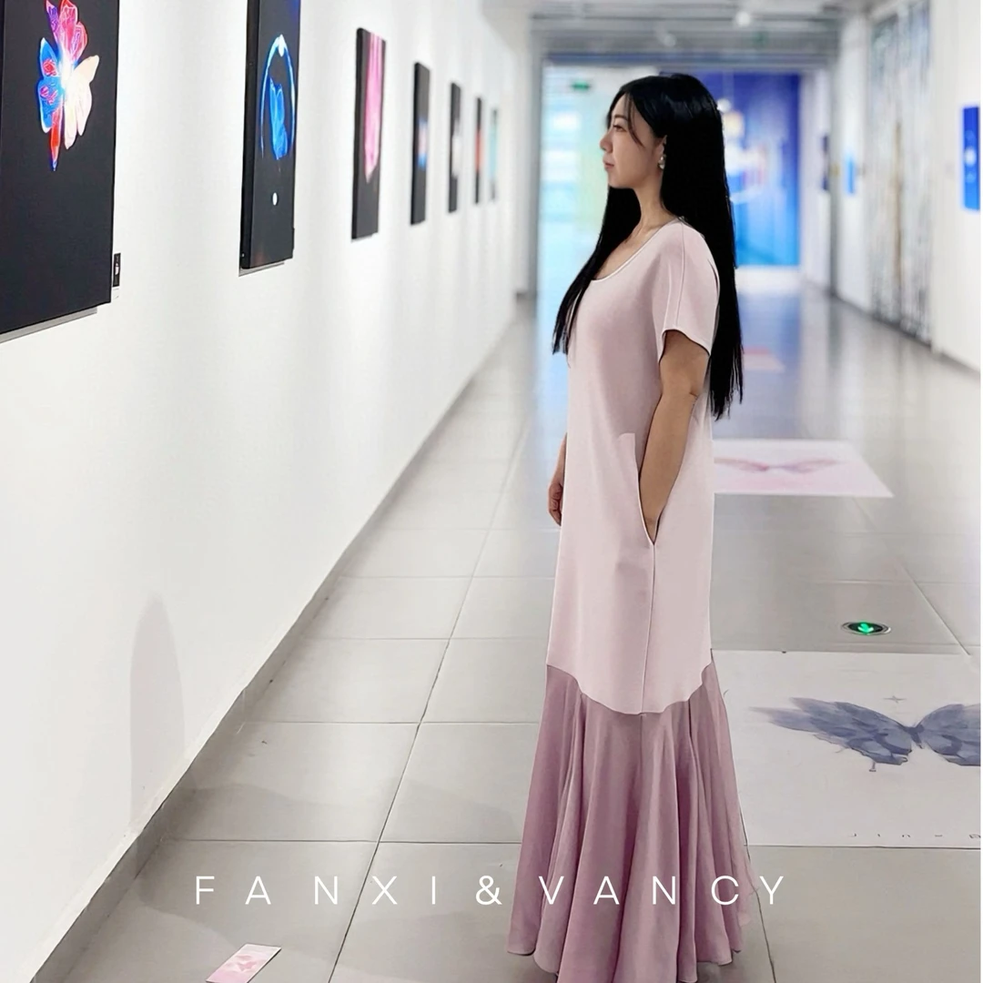 FANXI&VANCY针织拼纱连衣裙气质显瘦休闲夏季宽松拼接圆领时尚