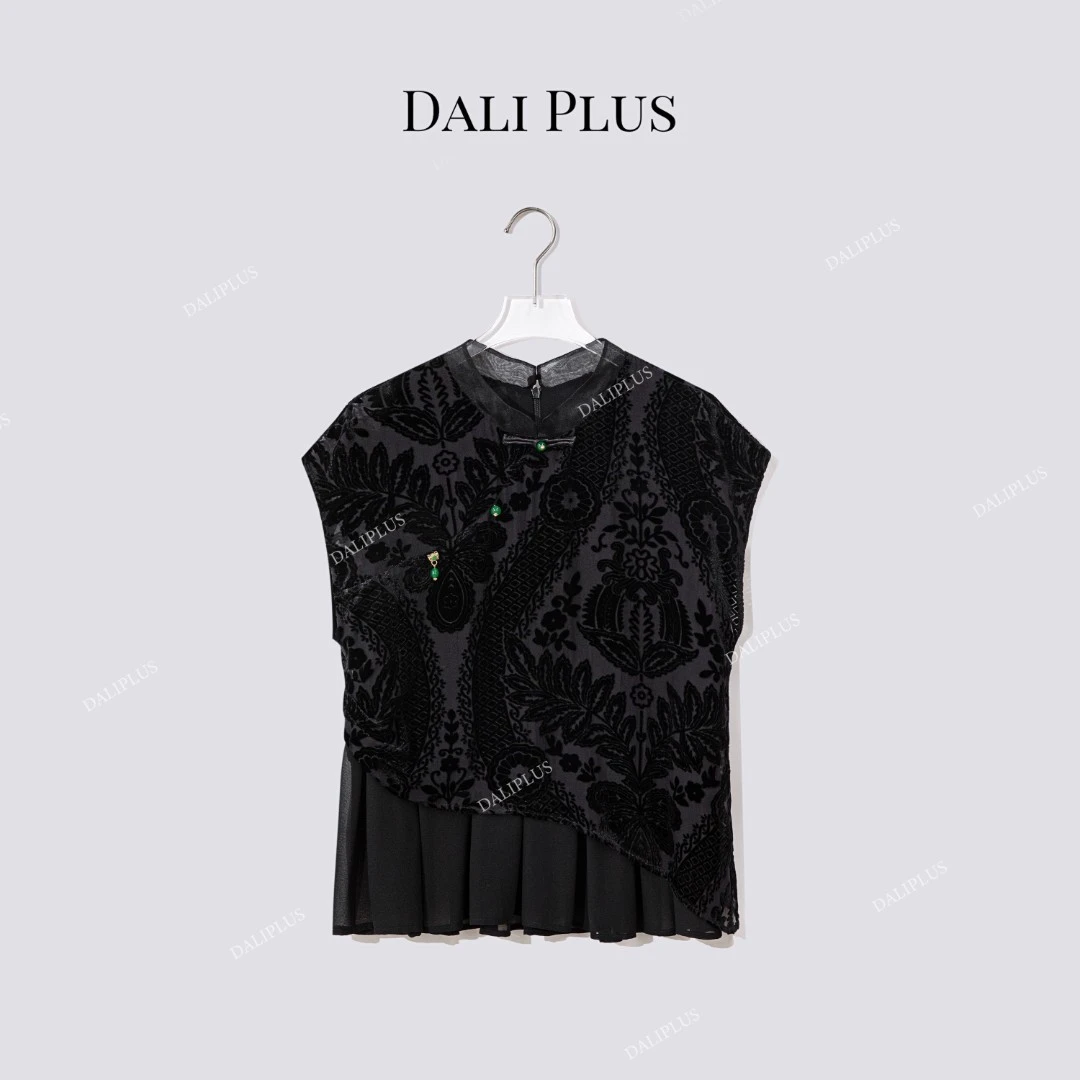 DALI PLUS “真丝烧花丝绒上衣”国风桑蚕丝网纱下摆T恤-D5XH0048