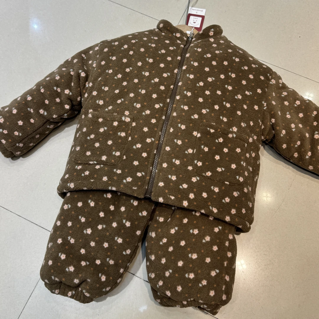 儿童秋冬季加厚加绒碎花满印连帽休闲睡衣套装