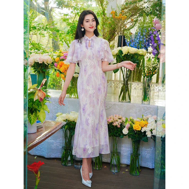 四美子【化烟羽】新款新中式荷叶袖印花收腰鱼尾薄款旗袍裙连衣裙