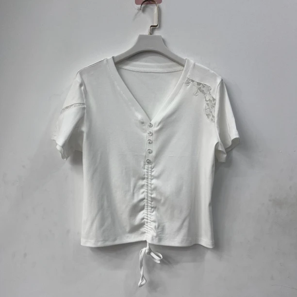 【名角服饰】【6616V领短袖】时尚百搭夏季纯色抽绳修身版