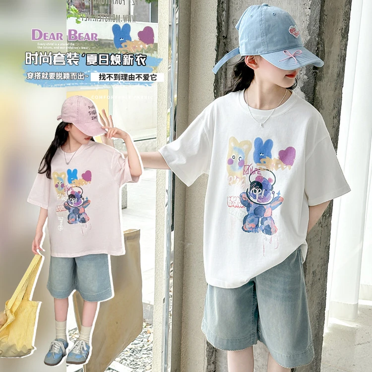 童装新款女童短袖t恤夏季2025薄款儿童纯棉半袖白色圆领上衣体恤