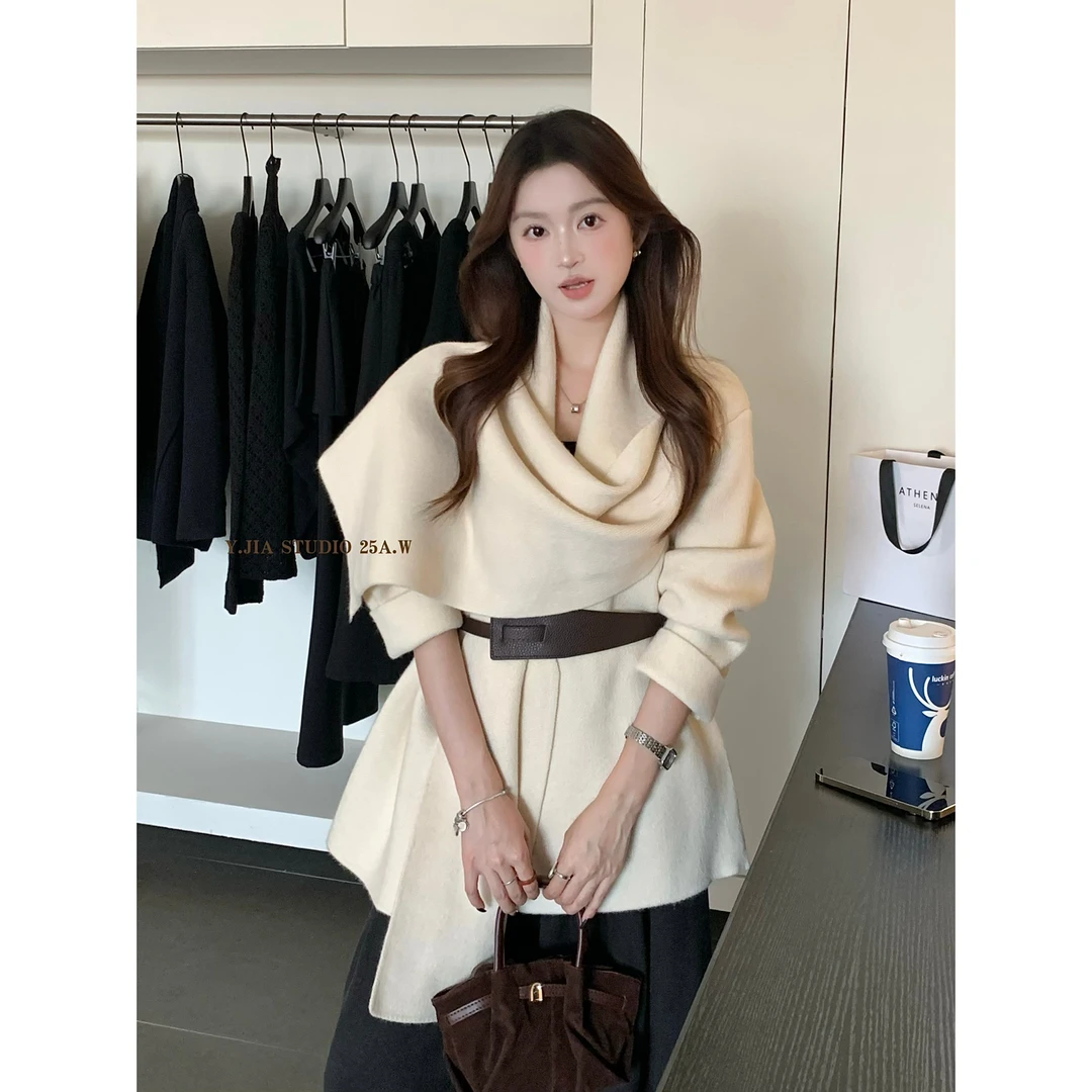 韩系气质松弛氛围感围巾领气质慵懒针织开衫外套短外套