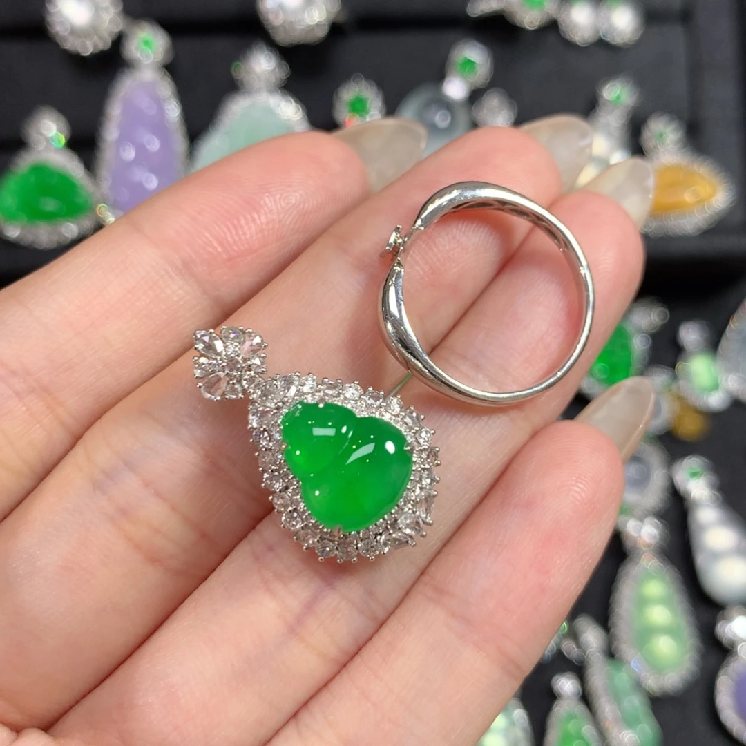 翡翠18K金镶嵌吊坠(赠链)冰阳绿葫芦 两用