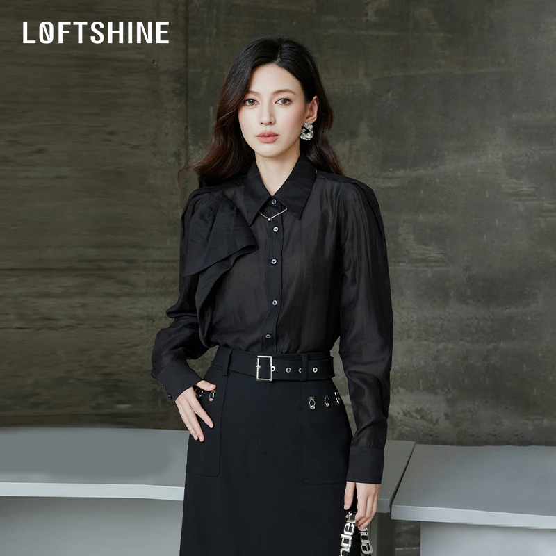 【黄蓉推荐】LOFTSHINE珞炫黑色百搭法式气质衬衫24310129