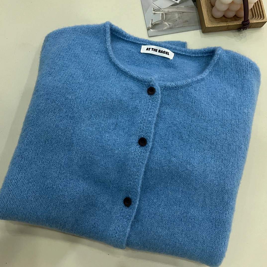 绒品 韩系纯色圆领小香风开衫针织衫