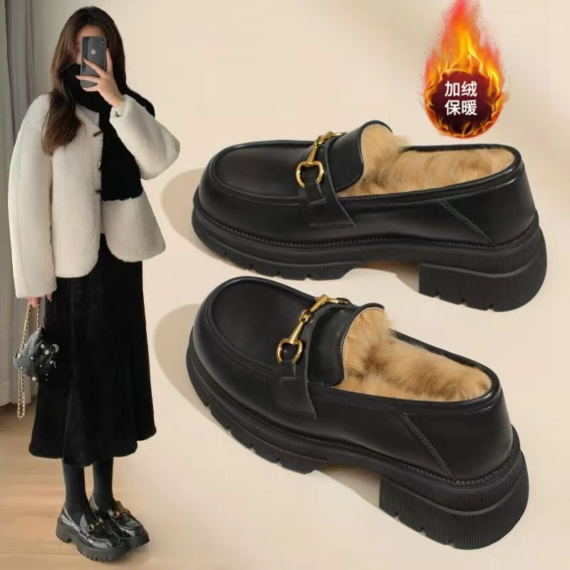 加绒乐福鞋女2025新款秋冬高跟黑色小皮鞋厚底皮毛一体雪地靴单鞋
