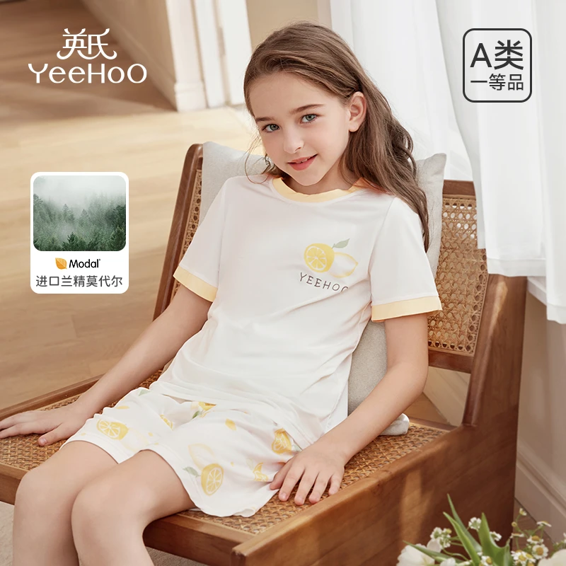 英氏女童睡衣中大童夏季莫代尔薄款休闲家居服女孩短袖外穿套装