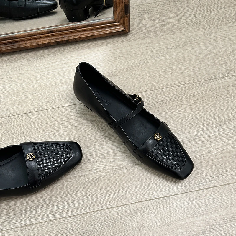 3cm/ED1976牛皮方头浅口单鞋女春夏编织法式一字带玛丽珍鞋低跟