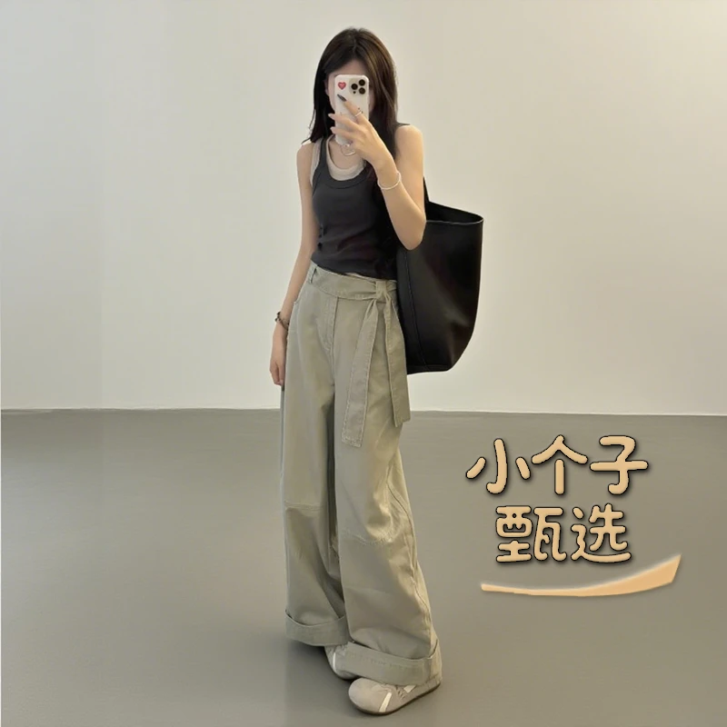 小个子甄选盐系奶咖灰绿色裤子夏季适中女直筒显瘦高腰复古牛仔裤