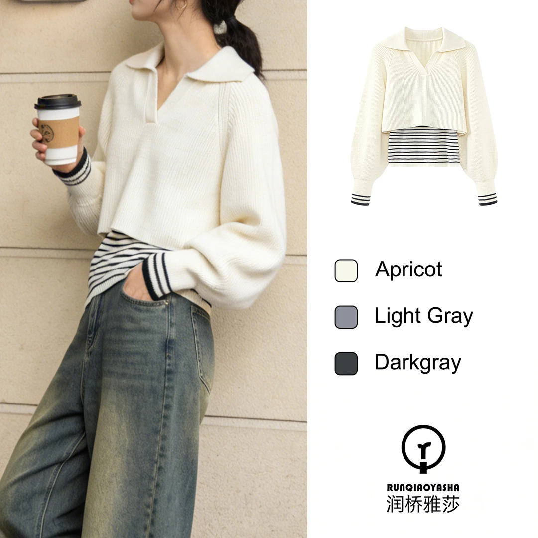 【润桥雅莎】松弛感针织衫毛针织衫套头宽松背心条纹慵懒毛衣JS015