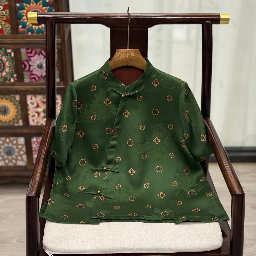 【绿肥】时尚减龄新中式百分百桑蚕丝上衣绿色花罗提花香云纱小衫女