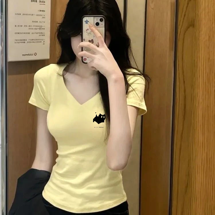 夏季爆款潮牌V领正肩短袖T恤收腰显瘦小猫印花辣妹气质百搭上衣女