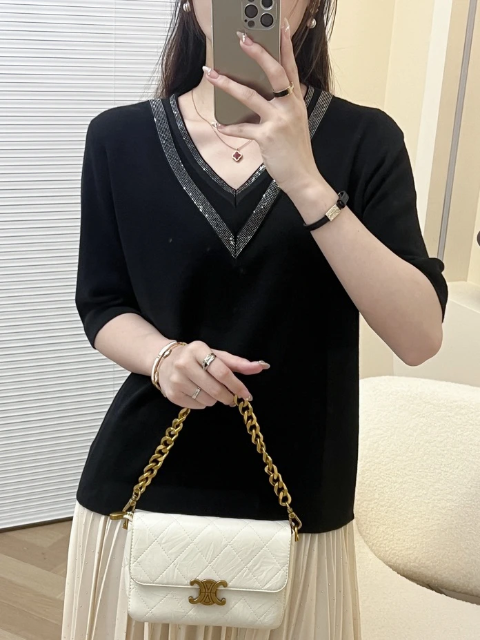 佩兰妃#夏季V领设计感宽松短袖女毛针织衫拼接薄款洋气#7892