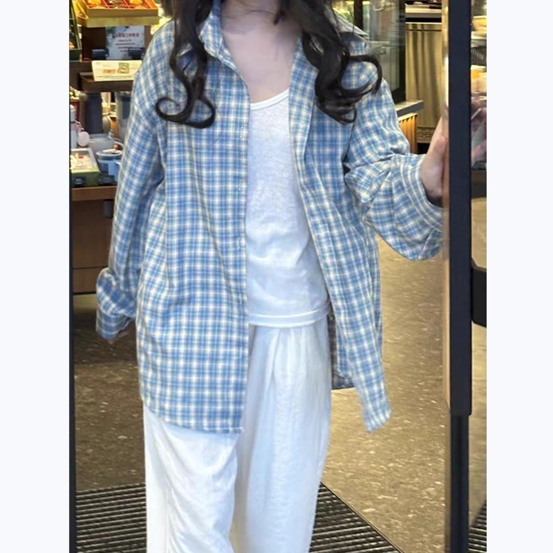 大码200斤韩系chic简约蓝色格子宽松防晒衬衫女百搭遮肉显瘦上衣