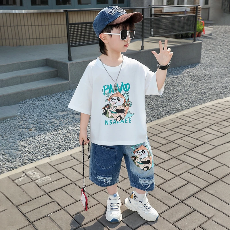 男童夏季套装2025新款痞帅儿童夏装熊猫T恤宝宝牛仔短裤两件套潮