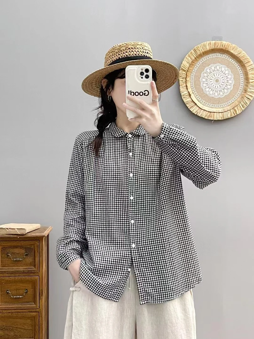 秋季纯棉长袖压褶格子长袖衬衫百搭宽松国潮新风长袖衬衣