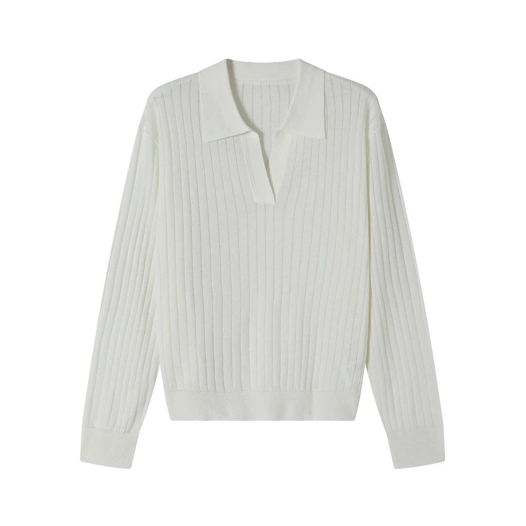 复古翻领长袖针织衫百搭简约坑条软糯针织上衣