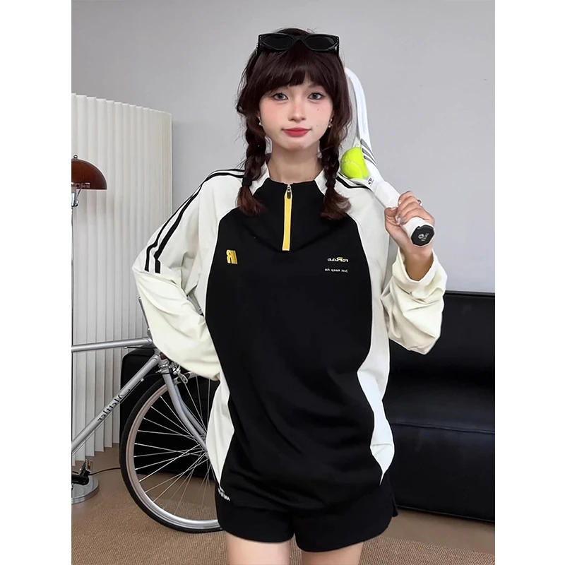 美式拼接撞色速干长袖t恤男夏薄款半拉链运动球衣户外骑行训练服