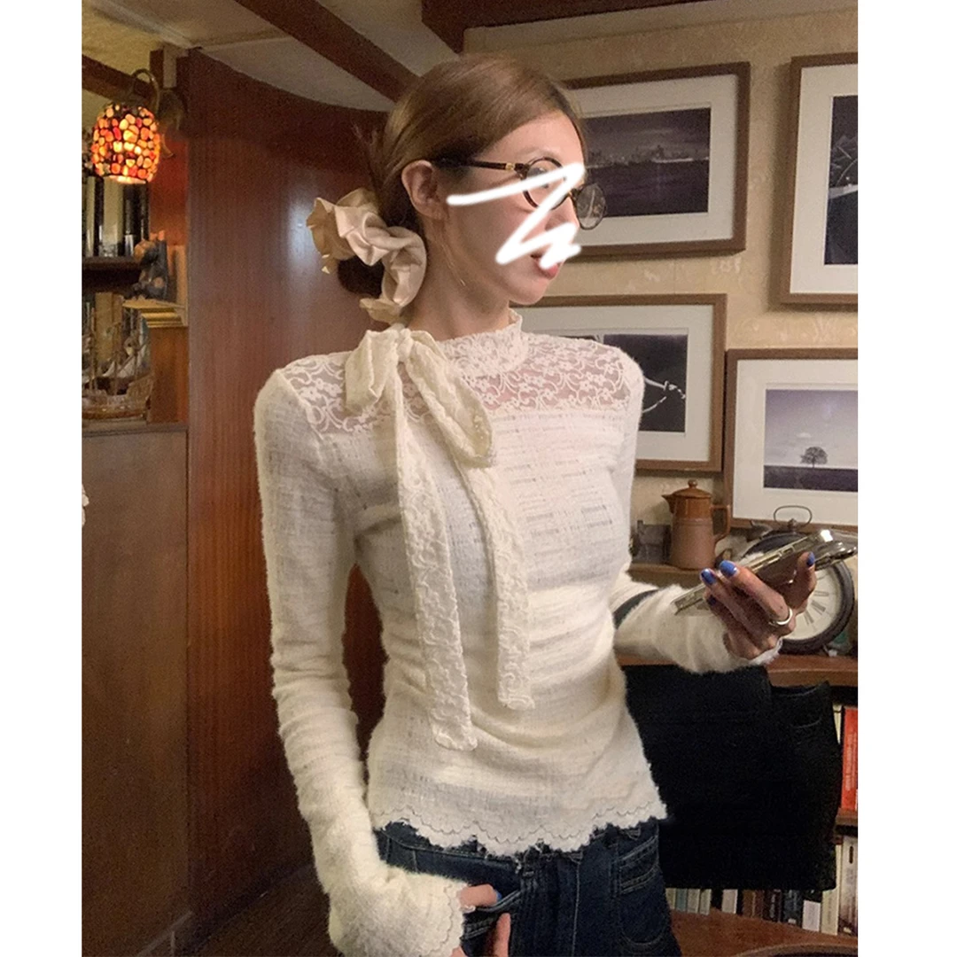 休闲飘带蕾丝内搭打底衫女秋季女装修身t恤喇叭长袖独特绝美上衣