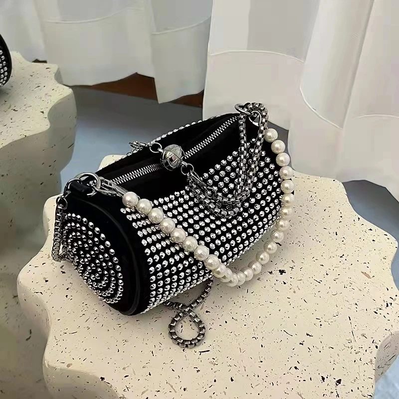 37011链条水桶包包女2023新款水钻圆筒包满钻高级感单肩斜挎包