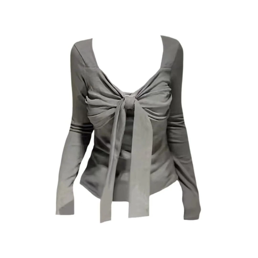 优选头家（有垫肩）蝴蝶结系带修身长袖打底衫别致辣妹上衣25020