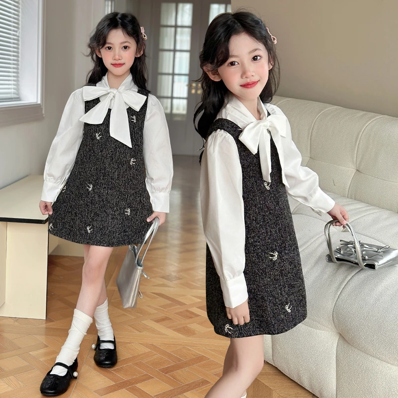 女童春秋2025新款洋气时髦儿童小香风蝴蝶绣花背心裙连衣裙两件套
