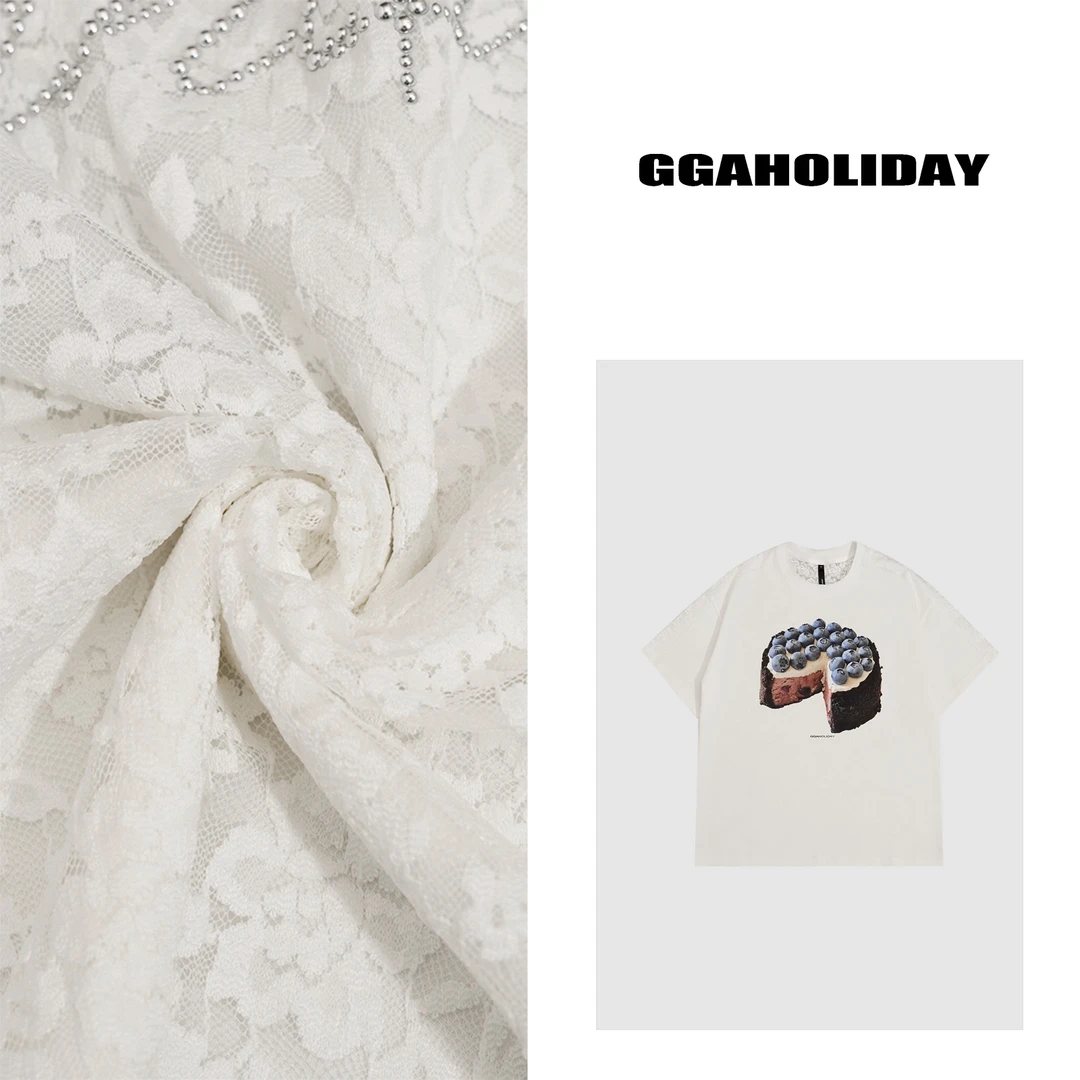 GGAHOLIDAY美式休闲复古宽松夏季潮流百搭蕾丝拼接短袖T恤-152454