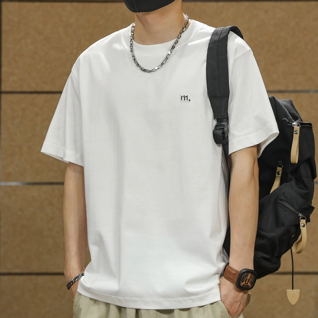 夏季新款重磅纯棉刺绣t恤短袖男士休闲简约百搭男士半袖上衣服男T