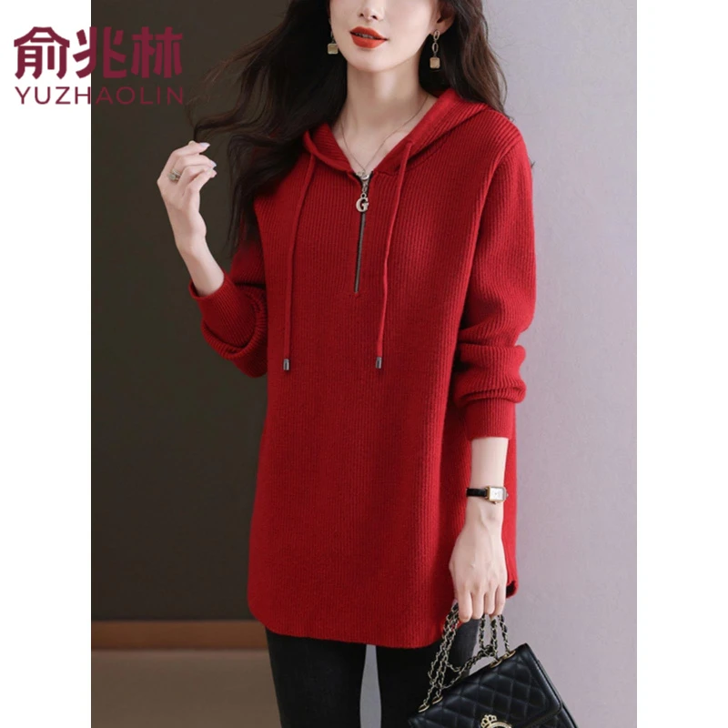 俞兆林女士红色针织卫衣中长款早秋2025新款春秋小个子妈妈打底连