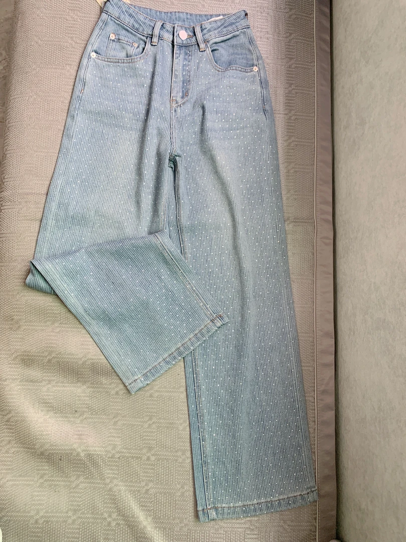 【条纹】欧货2025春款重工竖烫钻高腰直筒牛仔裤显瘦显高拖地5653