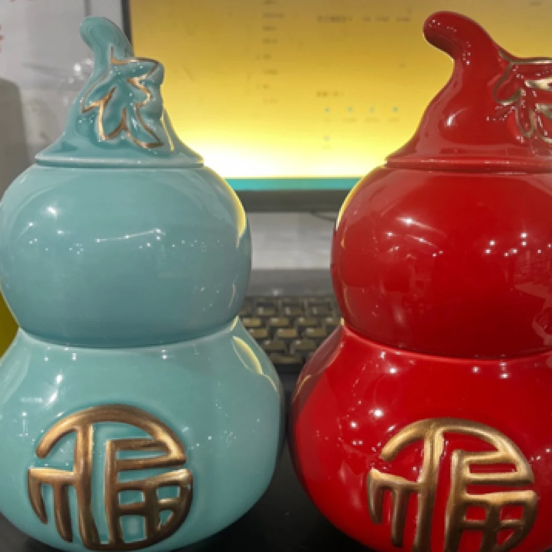储蓄罐密封罐双层福字葫芦红蓝高档陶瓷茶叶罐家用防潮