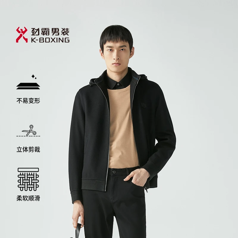 【劲霸】秋款男士外套夹克休闲户外舒适连帽短版毛呢夹克|FDWG3335