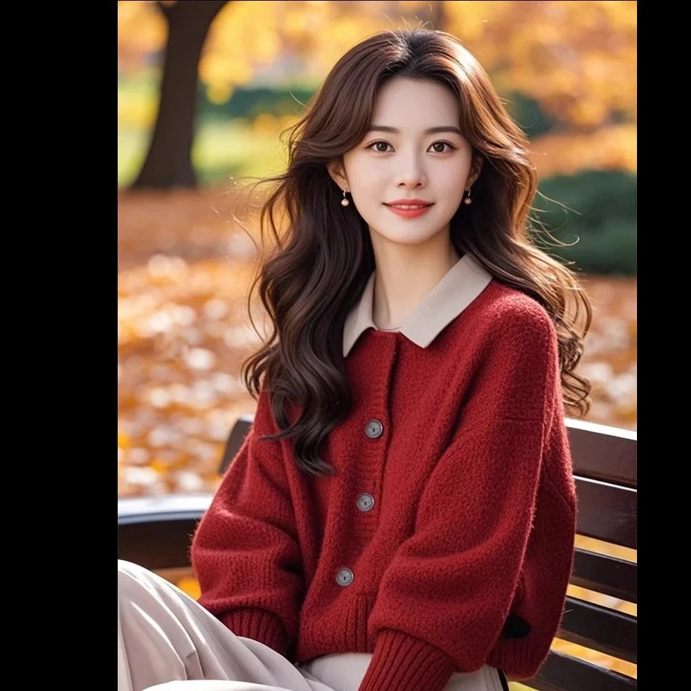 安可拉红色polp领毛衣女款2025秋冬新款高级感跨年圣诞红色套装