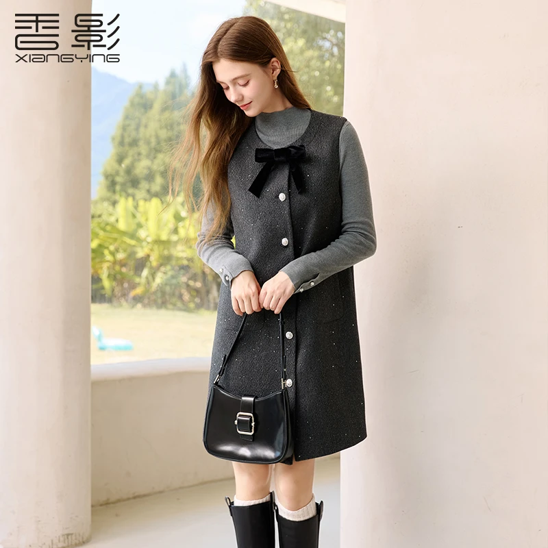 L85W726连衣裙 香影小香风背心连衣裙女冬季新款灰色蝴蝶结千金
