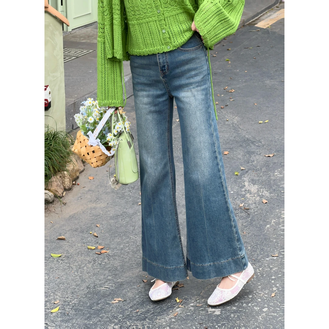 温敏er【复古画报】复古蓝色裤子女款高腰显瘦阔腿长裤MC1988342