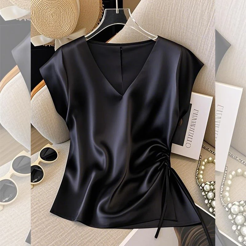 黑色设计感褶皱收腰系带短袖t恤女2025夏季今年流行爆款体恤上衣