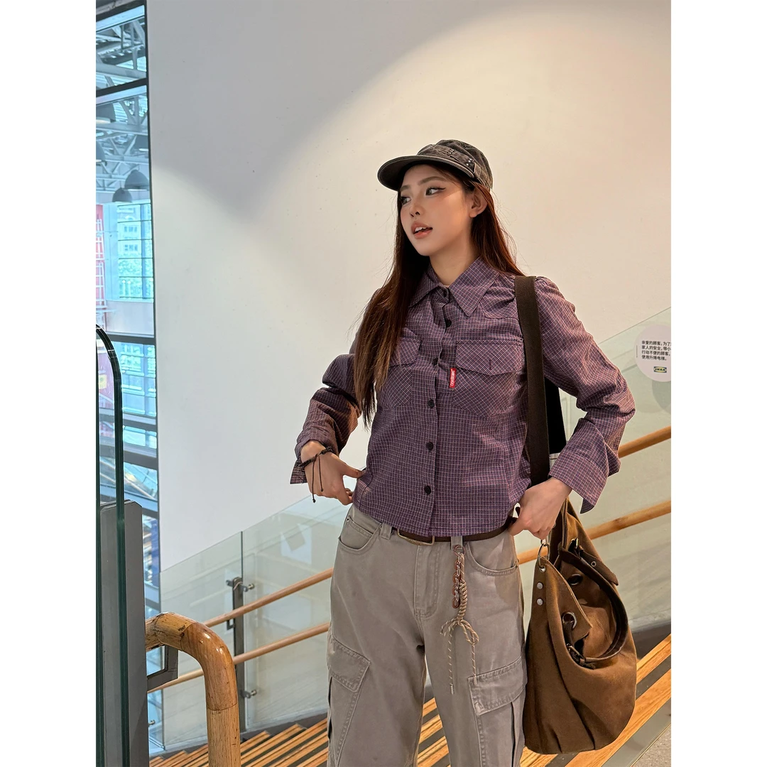 CBL菜不辣美式复古街头休闲正肩格子衬衫修身显瘦紫色格纹小开衫