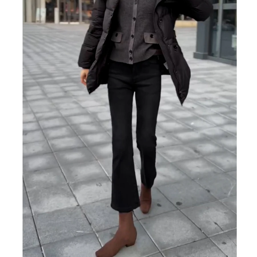 黑灰小个子微喇牛仔裤女秋冬加绒高腰百搭弹力显瘦修身九分喇叭裤