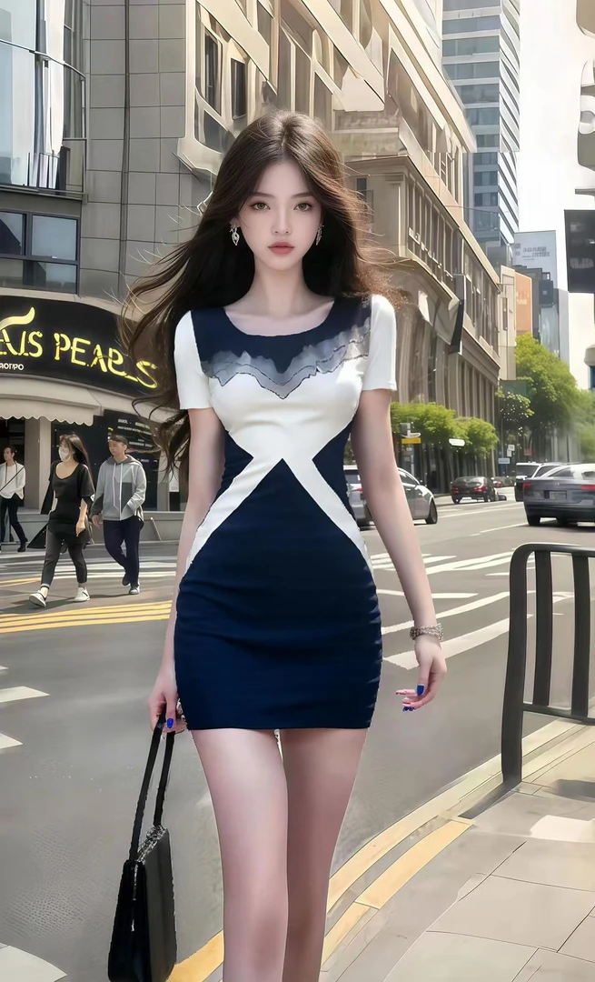 法式轻奢时尚轻熟知性风撞色圆领短袖修身收腰包臀高腰连衣裙女