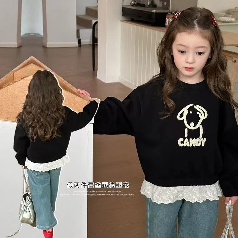 女童春季套装2025宝宝卡通上衣儿童甜美蕾丝假两件潮牛仔裤两件套