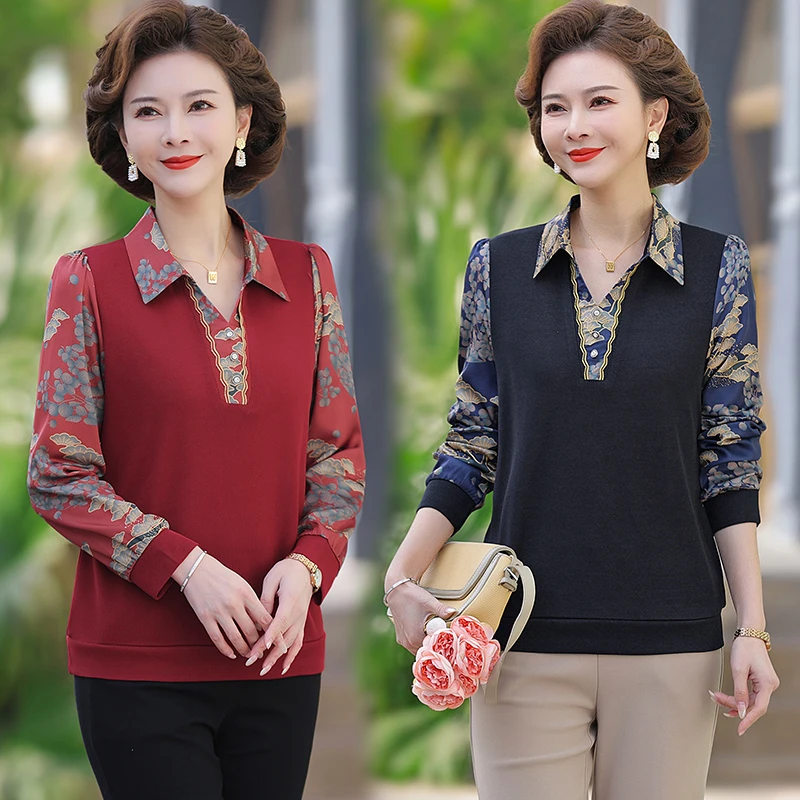 春季新款长袖中年妈妈装女装打底衫女秋季洋气秋装衬衫女大码t恤