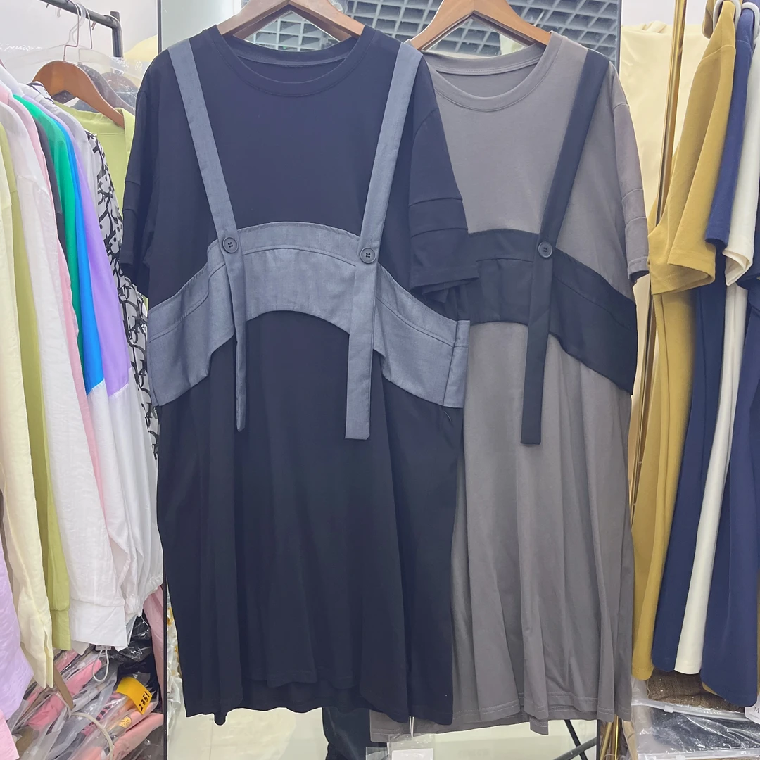 9803【不退换】假两件大码遮肉连衣裙宽松显瘦胖妹mm裙子欧洲站