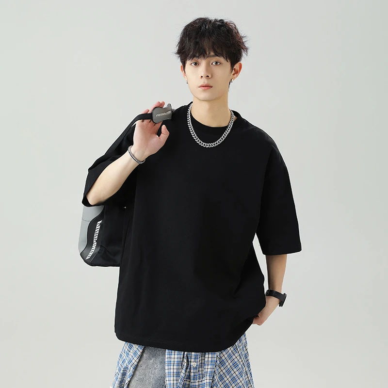 日系宽松纯棉短袖T恤男2025夏季新款纯色基础圆领恤情侣打底衫