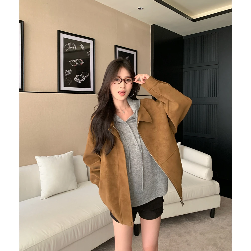 2025秋季宽松百搭潮流夹克衫上衣女新款美式复古时尚翻领棕色外套