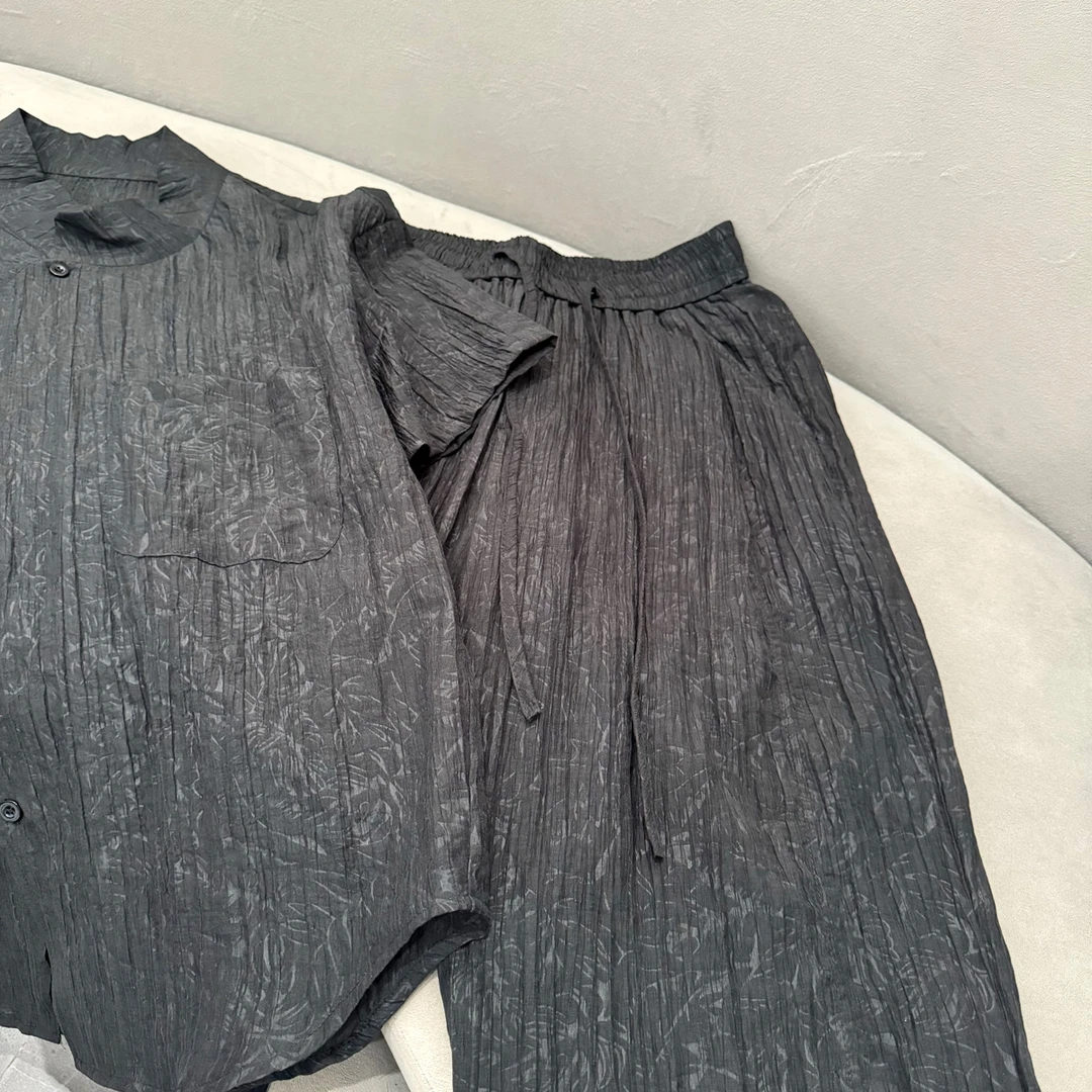 休闲复古国风立领长裤两件套潮牌男士夏季轻薄百搭短袖衬衫套装